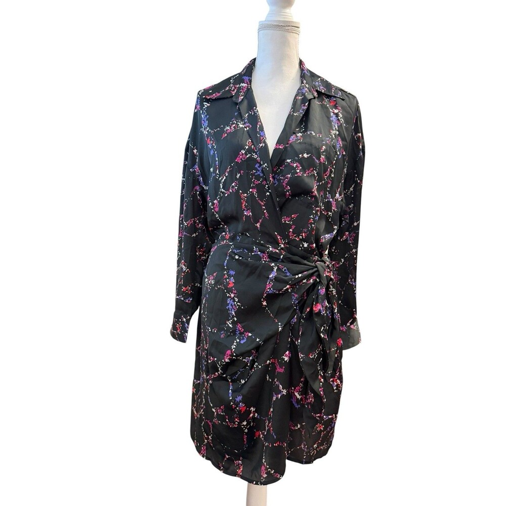 Elan Black Abstract Print Satin Wrap Shirt Dress Medium Y2K Cocktail Party - Picture 2 of 8